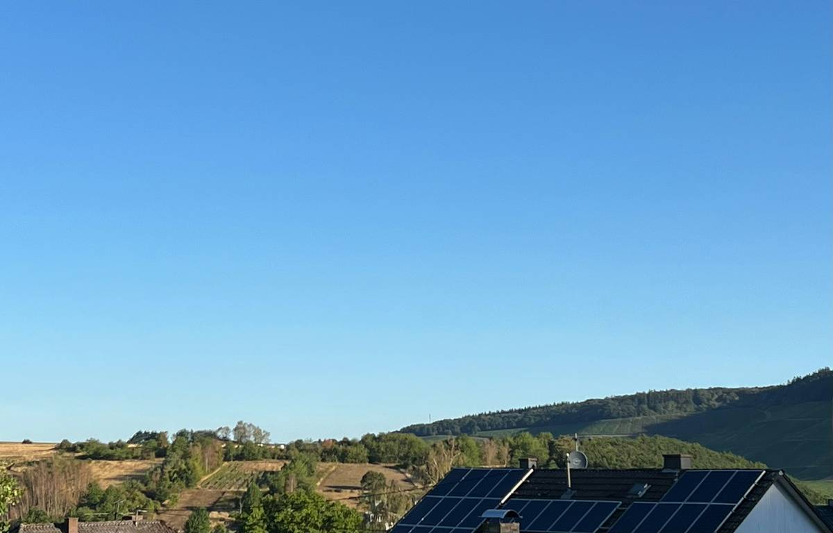 Aerial view of solar panels covering rows of grapevines alongside stainless-steel fermentation tanks, labeled 'renewable-energy-made wines'